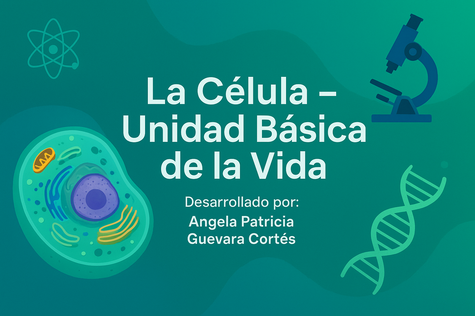 La imagen tiene un fondo en tonos verde y azul degradado, con un estilo limpio y moderno. En el centro se encuentra el título en letras blancas grandes y claras que dice:
“La Célula – Unidad Básica de la Vida”

Debajo del título, con letra más pequeña, aparece el texto:
“Desarrollado por: Angela Patricia Guevara Cortés”

A la izquierda hay una ilustración colorida de una célula eucariota, donde se distinguen sus partes internas, como el núcleo, mitocondrias y retículo endoplasmático, dibujadas de manera sencilla y llamativa.
A la derecha hay tres íconos científicos: un microscopio, una cadena de ADN y un modelo atómico, representando la ciencia y la biología.

En conjunto, la imagen transmite una sensación de ciencia, educación y vida.